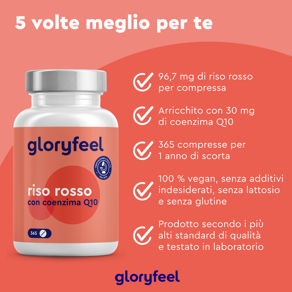 Una bottiglia di &quot;Riso rosso fermentato&quot; di GloryFeel GmbH Italia contiene 365 compresse vegane, senza glutine e senza lattosio, arricchite con Coenzima Q10 e senza additivi.