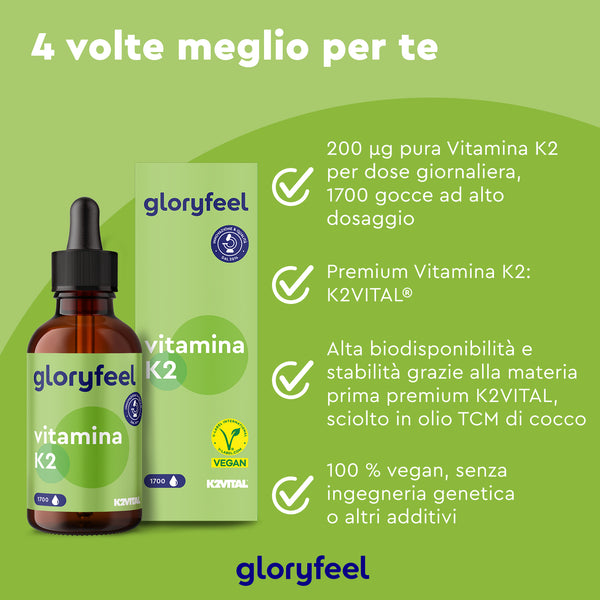 Una bottiglia e una confezione di Vitamina K2 Gocce &quot;gloryfeel Italia&quot; su sfondo verde, che evidenziano elevata potenza, biodisponibilità e composizione vegana. Ideale come integratore alimentare per una dieta equilibrata; notare che i risultati possono variare.