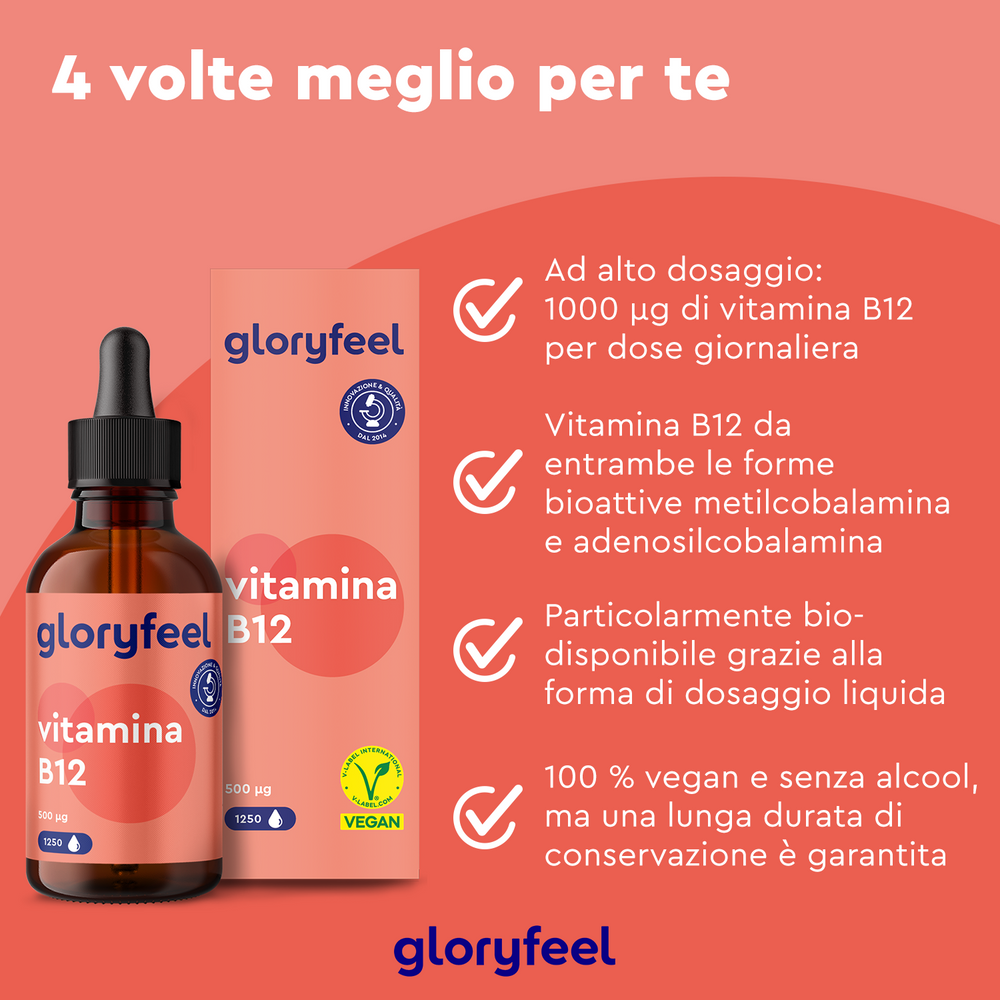 Vitamina B12 Gocce di GloryFeel GmbH Italy offre una formula liquida ad alto dosaggio, biodisponibile e con certificazione vegana. Ricca di cobalamina per supportare i processi vitali, assicura salute e vitalità ottimali.