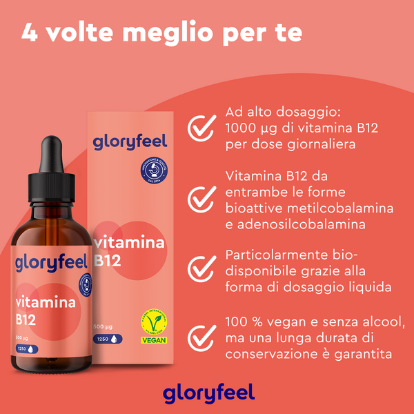 Vitamina B12 Gocce di GloryFeel GmbH Italy offre una formula liquida ad alto dosaggio, biodisponibile e con certificazione vegana. Ricca di cobalamina per supportare i processi vitali, assicura salute e vitalità ottimali.