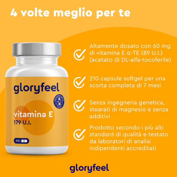 Il flacone di capsule softgel Gloryfeel Italia Vitamina E contiene un dosaggio di 60 mg, offrendo 210 capsule per una fornitura di 7 mesi. Non è OGM e soddisfa elevati standard di qualità.