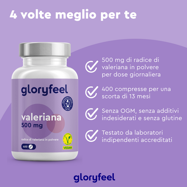 La bottiglia GloryFeel GmbH Italy Valeriana contiene 400 compresse da 500 mg di radice di valeriana. È senza OGM, senza glutine, testata in laboratorio e include il testo &quot;4 volte meglio per te&quot; con un simbolo vegano.