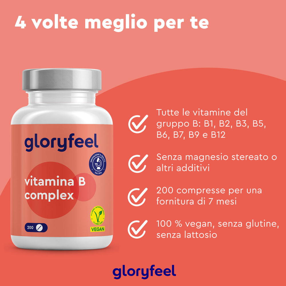 La bottiglia Vitamina B Complex di GloryFeel GmbH Italy, su sfondo rosso, incarna i principi della dieta equilibrata approvati dal Ministero della Salute. Offre tutte le vitamine del gruppo B, è priva di stearato di magnesio, fornisce una scorta per 7 mesi ed è vegana, senza glutine e senza lattosio.