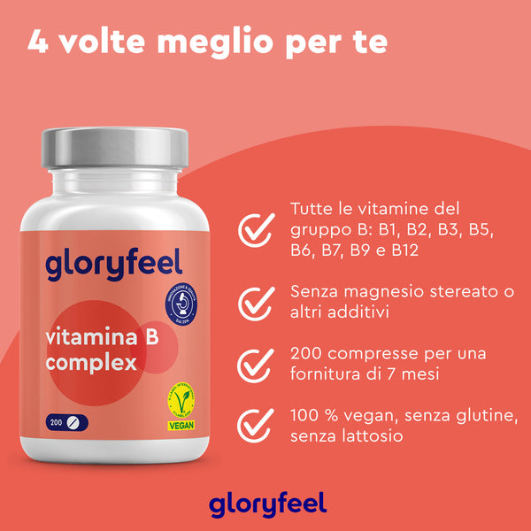 La bottiglia Vitamina B Complex di GloryFeel GmbH Italy, su sfondo rosso, incarna i principi della dieta equilibrata approvati dal Ministero della Salute. Offre tutte le vitamine del gruppo B, è priva di stearato di magnesio, fornisce una scorta per 7 mesi ed è vegana, senza glutine e senza lattosio.