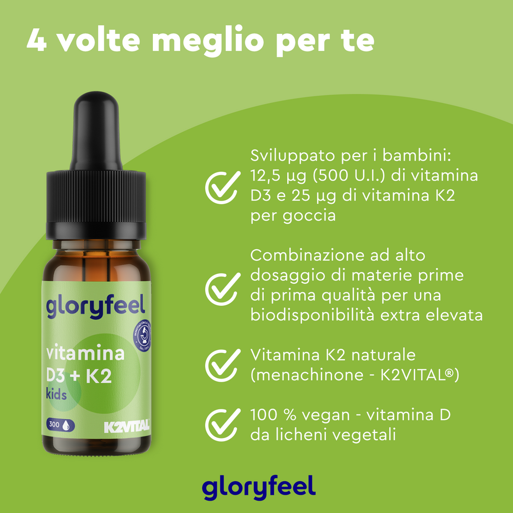 Vitamina D3 K2 Gocce Kids di Gloryfeel Italia contiene ingredienti naturali e vanta un&