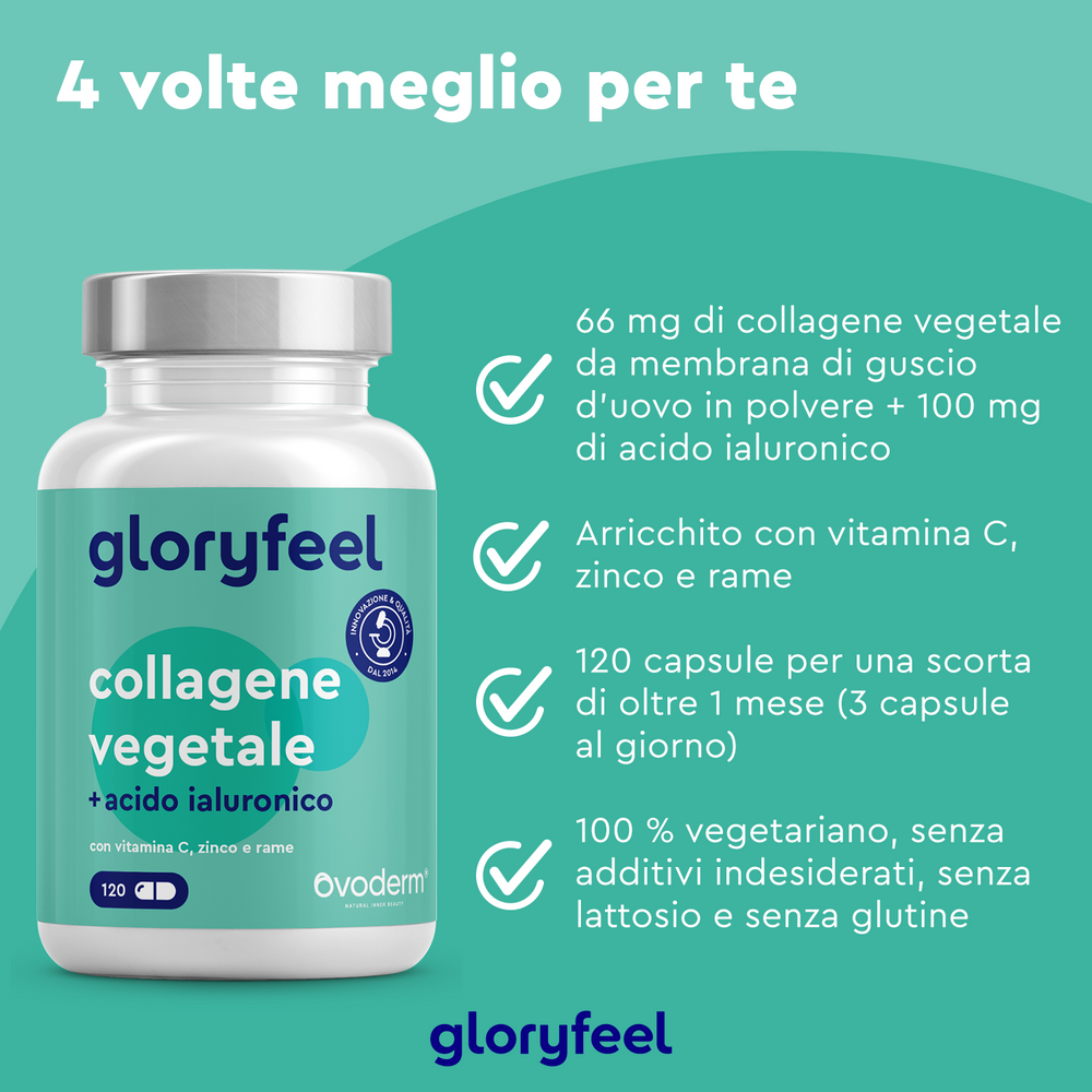 Immagine del prodotto Collagene Veggie di GloryFeel GmbH Italy, con collagene vegetale con acido ialuronico, vitamina C, zinco e rame. Punti salienti del testo: 66 mg di collagene, 120 capsule, 100% vegetariano, senza additivi.