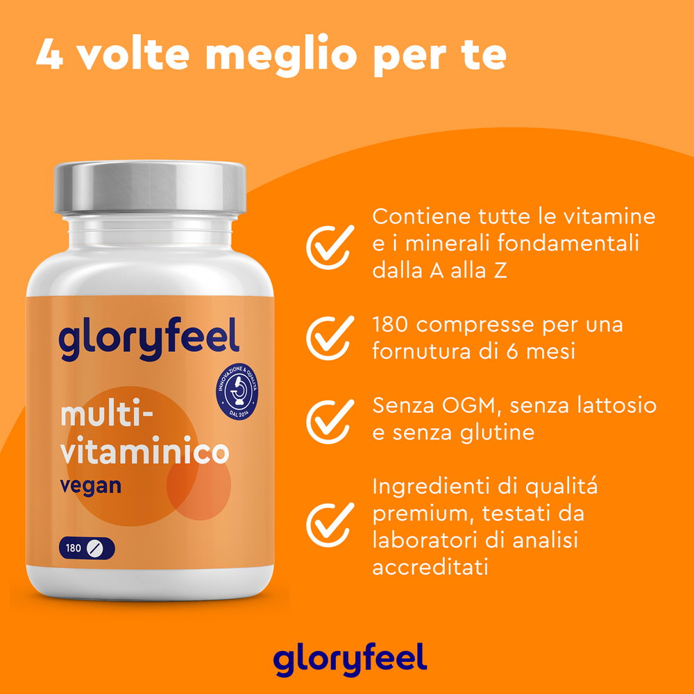 Uno sfondo arancione mostra una bottiglia di Multivitaminico in capsule di GloryFeel GmbH Italy. Il testo evidenzia le caratteristiche principali: vitamine naturali dalla A alla Z, 180 compresse, non OGM, senza lattosio e glutine, con ingredienti di prima qualità per il tuo sistema immunitario. Il logo GloryFeel è incluso.