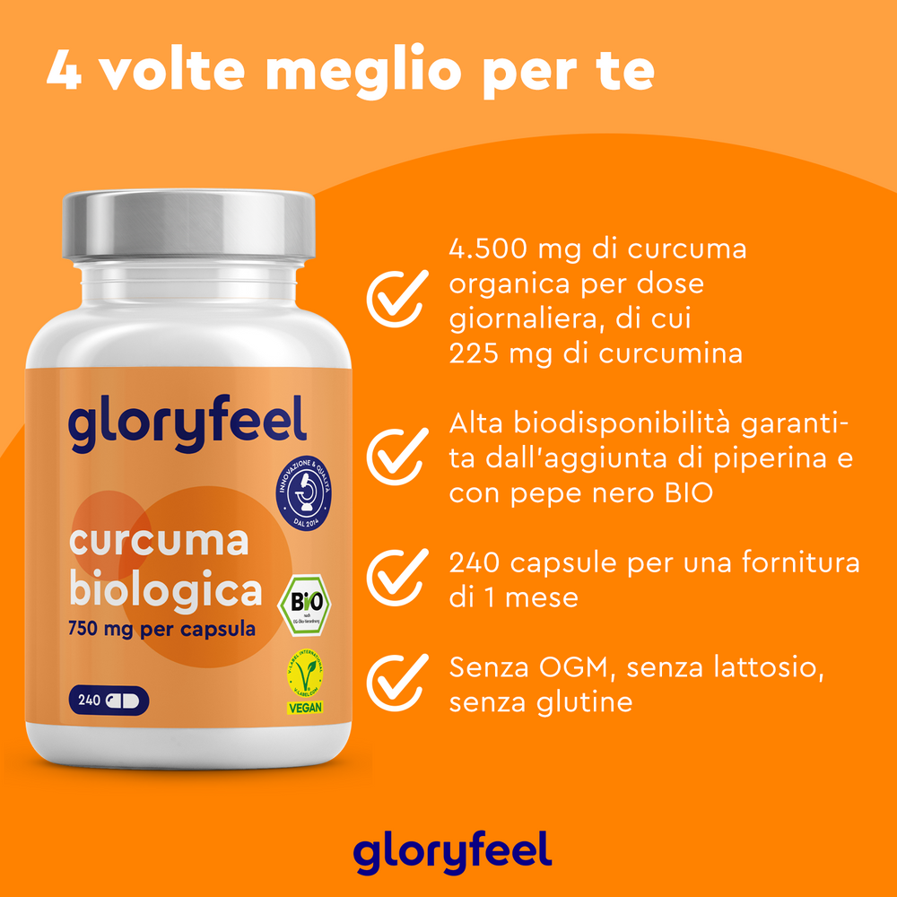 Scatena i benefici di Bio Curcuma di GloryFeel GmbH Italy con 4500 mg di curcuma biologica per dose. Arricchito con piperina per la biodisponibilità, goditi 240 capsule arancioni non OGM, senza lattosio e senza glutine al mese. Prova il potere delle nostre capsule organiche di curcuma.