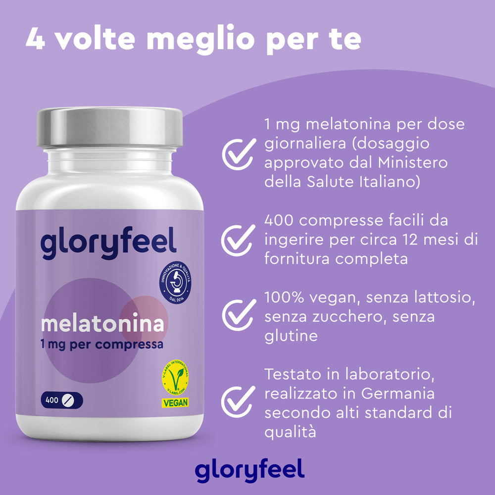 Una bottiglia di Melatonina in compresse di GloryFeel GmbH Italy, con testo in italiano sui suoi benefici: 1 mg per dose, 400 compresse vegane, testate in laboratorio. La confezione è posta su uno sfondo viola con icone di salute e loghi di certificazione.