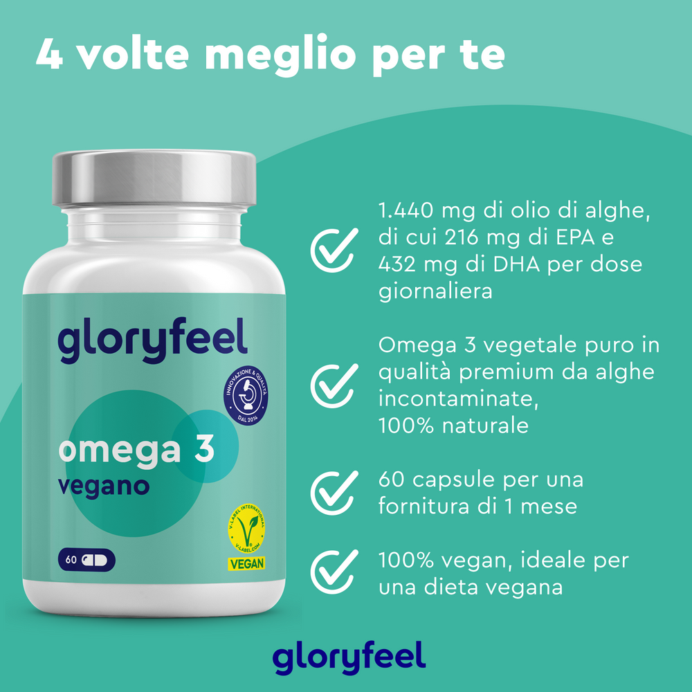 Immagine di Omega 3 Vegan - Olio di alghe di gloryfeel Italia, con 1440 mg per dose. Con i benefici di EPA e DHA, è vegano e fornisce una scorta mensile di 60 capsule.