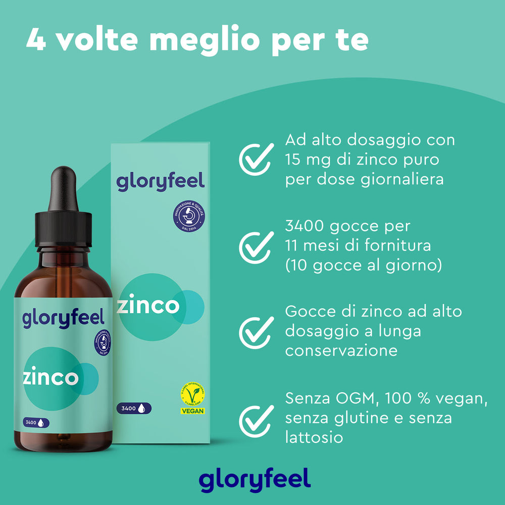 Lo Zinco in gocce di GloryFeel GmbH Italy presenta una confezione italiana che evidenzia un dosaggio elevato e una scorta di 11 mesi. È privo di OGM, vegano, senza glutine e senza lattosio, perfetto per uno &quot;stile di vita sano&quot; con questo &quot;integratore alimentare&quot; nella tua &quot;dieta equilibrata&quot;.
