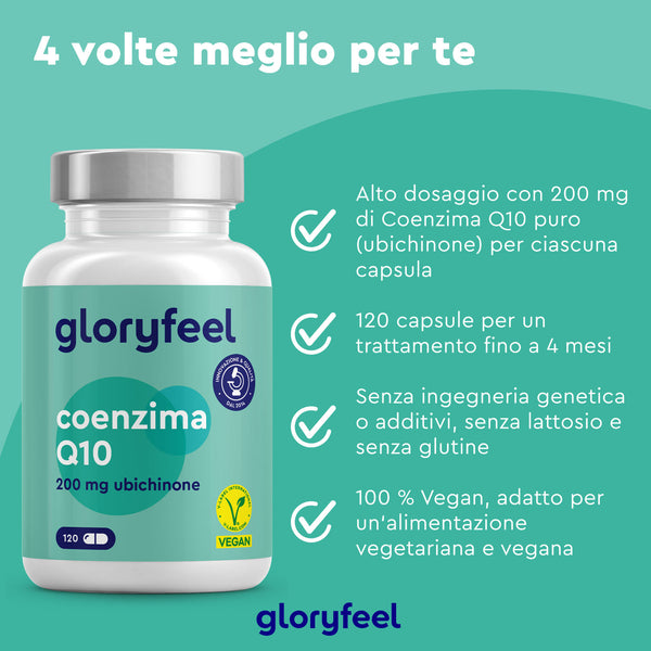 Immagine di una bottiglia verde di capsule di Coenzima Q10 di GloryFeel GmbH Italia. Il testo evidenzia i benefici: alto dosaggio, 120 capsule, senza additivi, senza glutine, senza lattosio, potenti proprietà antiossidanti e vegan-friendly.