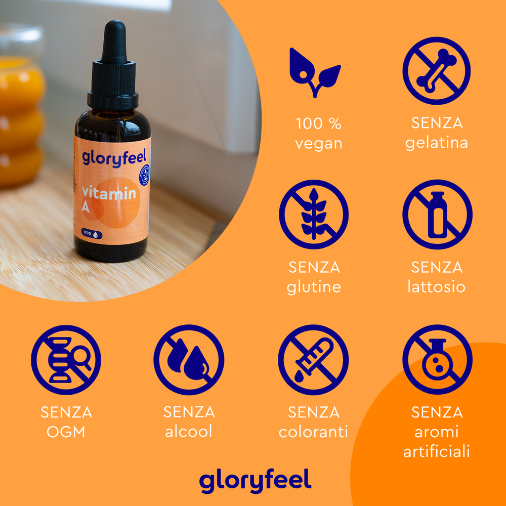 Una bottiglia di Vitamina A in Gocce di GloryFeel GmbH Italia è appoggiata su un tavolo di legno. Le icone mostrano che è 100% vegana, senza gelatina, senza glutine, senza lattosio, senza OGM, senza alcol e senza coloranti e aromi artificiali. Perfetta per supportare la salute della vista.