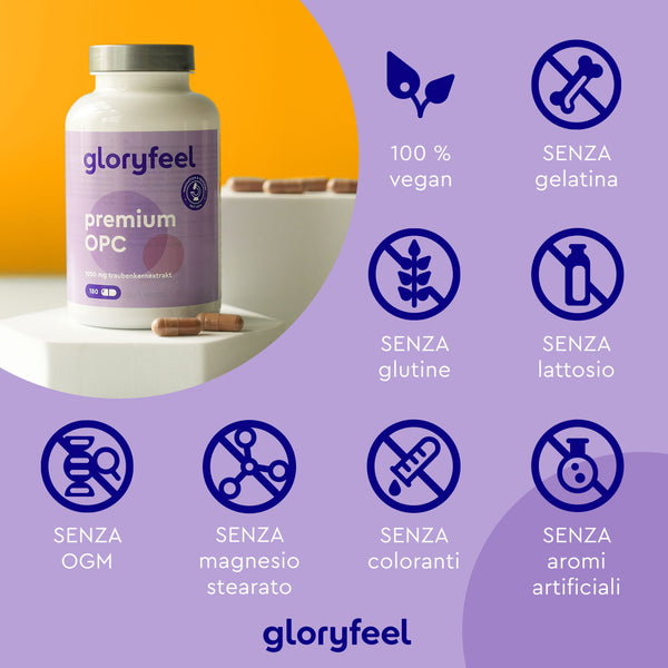 Un flacone di GloryFeel GmbH Italia OPC Premium 180 capsule, vegano e privo di gelatina, glutine, lattosio, OGM, stearato di magnesio, coloranti e aromi artificiali. Arricchito con antiossidanti da estratto di semi d&