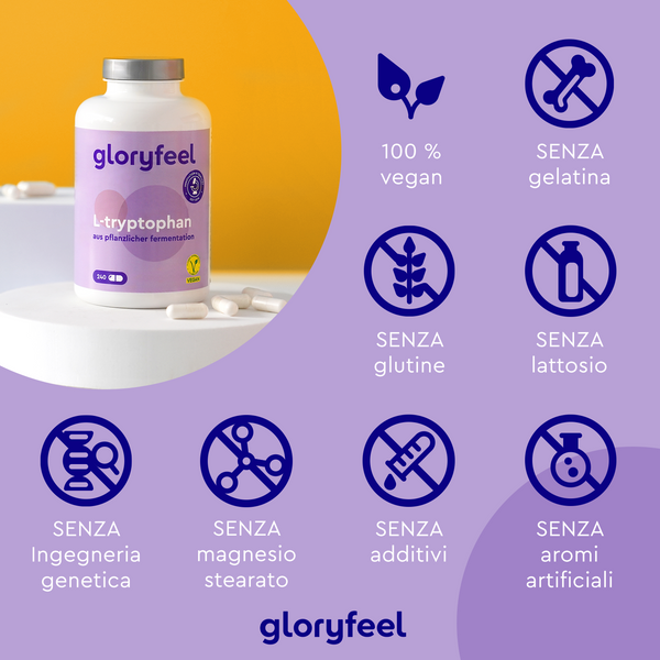 Una bottiglia di L-Triptofano di GloryFeel GmbH Italia è raffigurata con icone che segnalano che è vegano, senza glutine, senza lattosio, senza gelatina, senza OGM e senza stearato di magnesio, additivi o aromi artificiali: ideale per uno stile di vita sano.