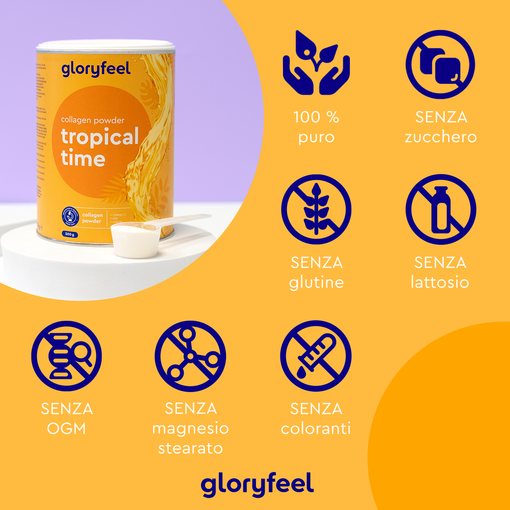 Immagine di gloryfeel Italia Collagene in polvere &quot;Tropical Time&quot; con icone che indicano che è puro al 100%, senza zucchero, senza glutine, senza lattosio, non OGM, senza stearato di magnesio e coloranti.
