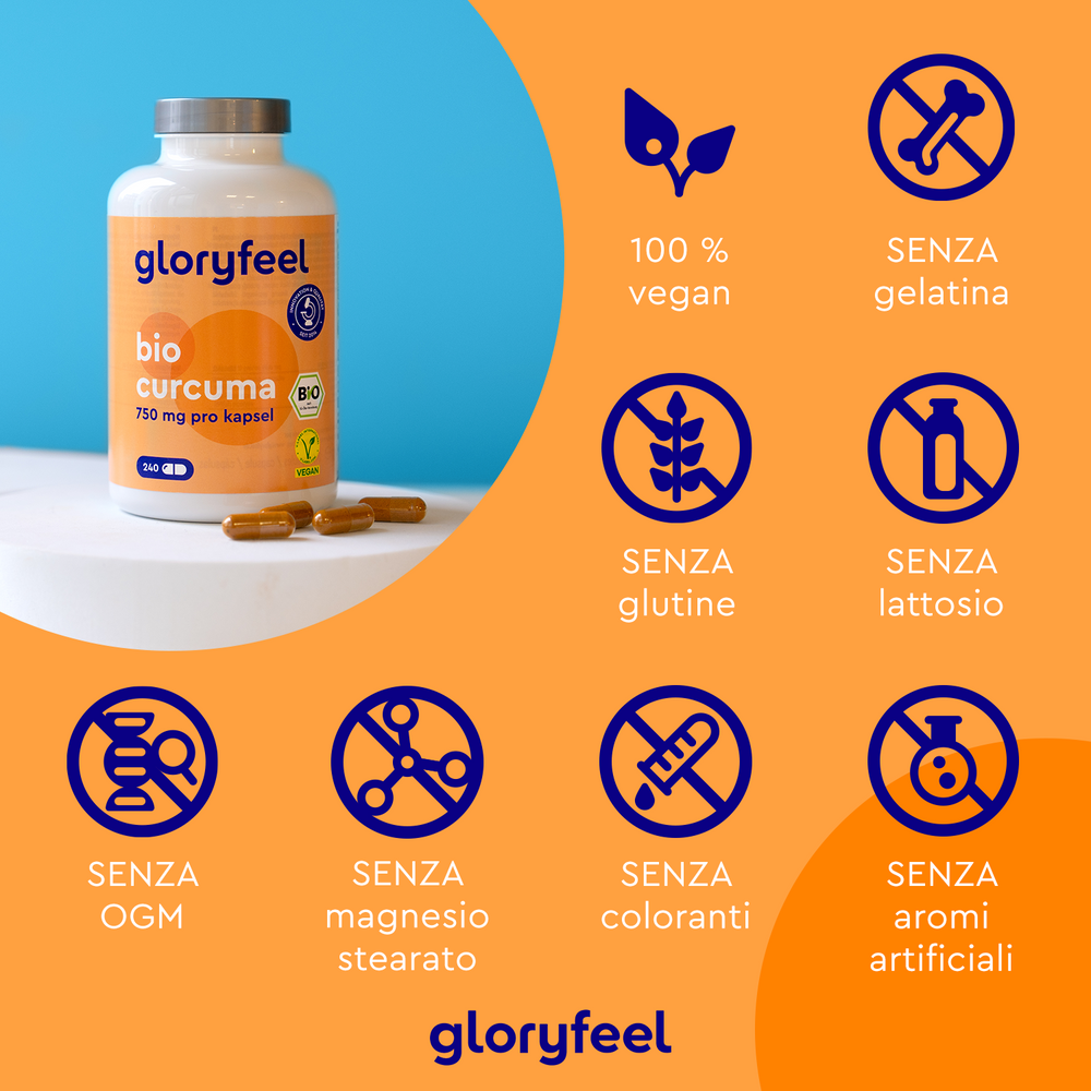 Questa confezione di capsule Bio Curcuma di GloryFeel GmbH Italy è vegana e priva di gelatina, glutine, lattosio, OGM, stearato di magnesio, coloranti e aromi artificiali. Arricchita con piperina per un migliore assorbimento ed efficacia.