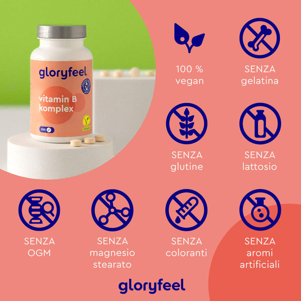Il Vitamina B Complex di GloryFeel GmbH Italy è un integratore alimentare, 100% vegano e privo di gelatina, glutine, lattosio, OGM, stearato di magnesio, aromi artificiali e coloranti. È ideale per una dieta equilibrata seguendo le linee guida del Ministero della Salute.