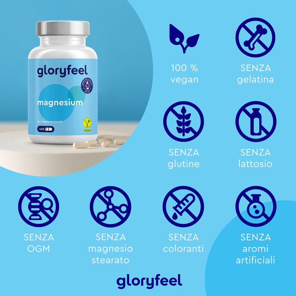 Una bottiglia di capsule di Magnesio Ossido di gloryfeel Italia è etichettata come vegana, senza glutine, senza gelatina, senza lattosio, senza OGM e senza stearato. Goditi questo Magnesio naturale integratore alimentare senza aromi o coloranti artificiali.