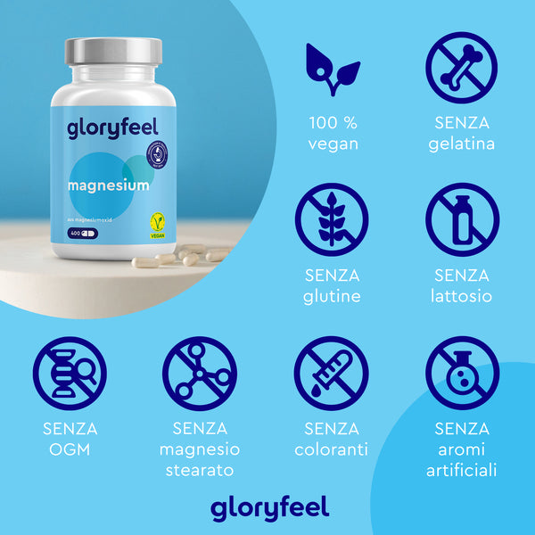 Una bottiglia di capsule di Magnesio Ossido di gloryfeel Italia è etichettata come vegana, senza glutine, senza gelatina, senza lattosio, senza OGM e senza stearato. Goditi questo Magnesio naturale integratore alimentare senza aromi o coloranti artificiali.