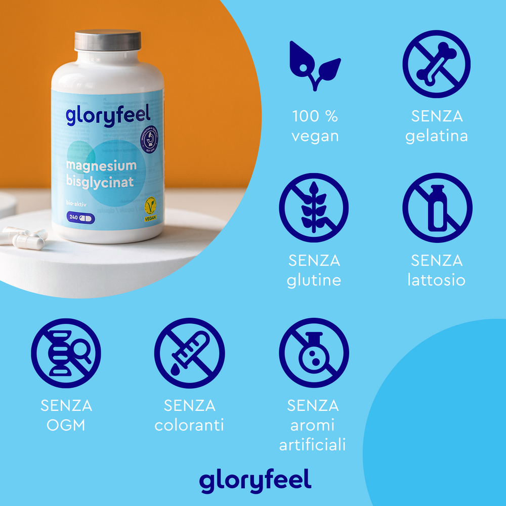 Su un tavolo è appoggiata una bottiglia di Bisglicinato di magnesio di gloryfeel Italia, sulla quale sono riportate delle icone che indicano che è 100% vegano e privo di gelatina, glutine, lattosio, OGM, coloranti e aromi artificiali.