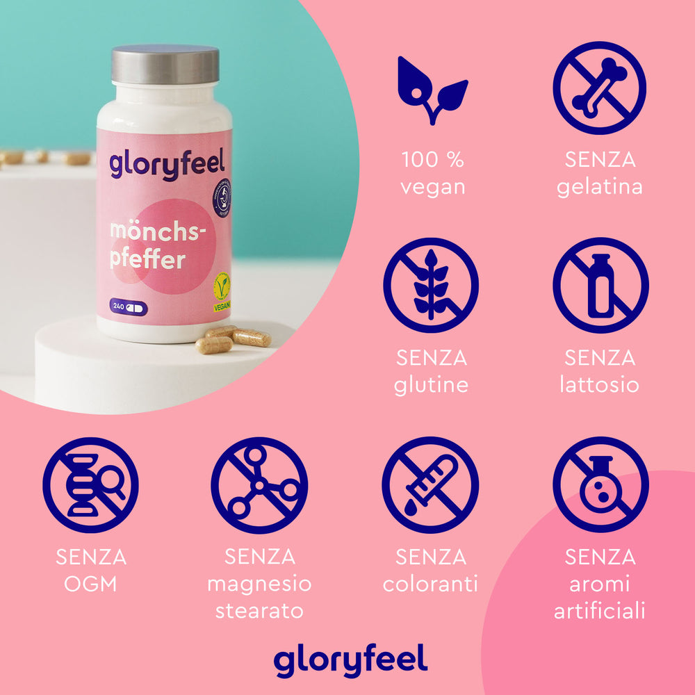 La bottiglia di &quot;Agnocasto&quot; di GloryFeel GmbH Italy presenta una formula 100% vegana, priva di gelatina, glutine, lattosio, OGM, stearato di magnesio, coloranti o aromi artificiali. Il suo design pulito potrebbe ispirare un&