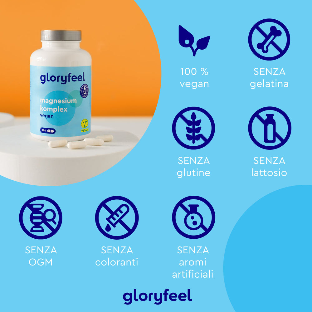 Una bottiglia di Magnesio Complex di gloryfeel Italia presenta icone che indicano che è vegano e privo di gelatina, glutine, lattosio, OGM, coloranti e aromi artificiali.
