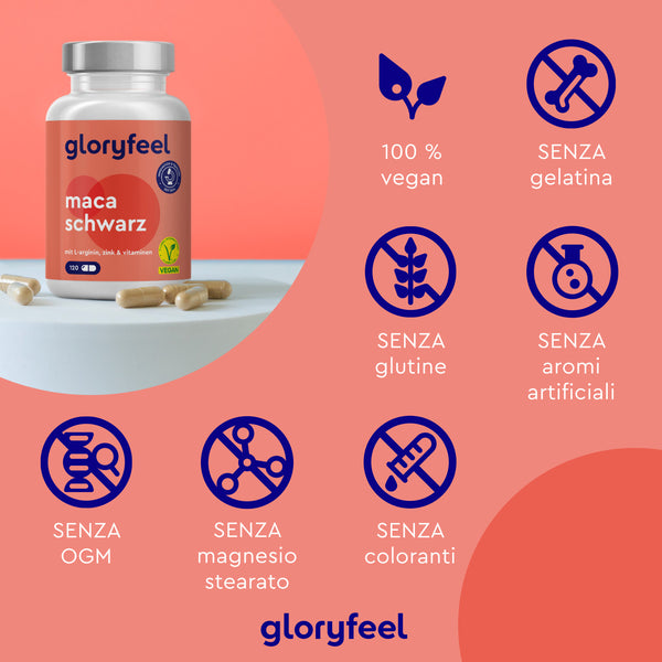 Una bottiglia di capsule di Maca Nera Peruviana di GloryFeel GmbH Italia è esposta con orgoglio su una superficie, con etichette che ne evidenziano la natura vegana (senza gelatina, glutine, OGM e ingredienti artificiali), ideale per chiunque cerchi un integratore naturale.