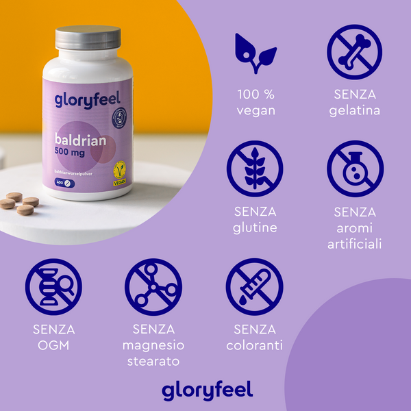 Su un tavolo è appoggiata una bottiglia di GloryFeel GmbH Italy Valeriana 500 mg, con delle icone che indicano che il prodotto è vegano e privo di gelatina, glutine, aromi artificiali, OGM, stearato di magnesio e coloranti, su uno sfondo viola.