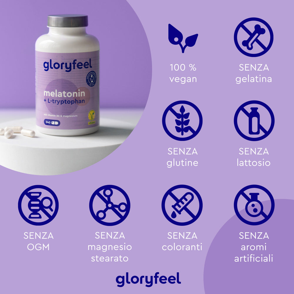 Il flacone viola di compresse di Melatonina + L-triptofano di GloryFeel GmbH Italia presenta icone che indicano che è 100% vegano e privo di gelatina, glutine, lattosio, OGM, stearato di magnesio, coloranti e aromi artificiali.