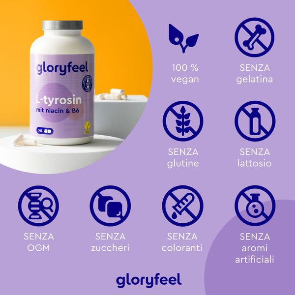 Un flacone di L-Tirosina di GloryFeel GmbH Italia si trova su una superficie, con icone che indicano che è vegano e privo di gelatina, glutine, lattosio, OGM, zucchero, coloranti e aromi artificiali.