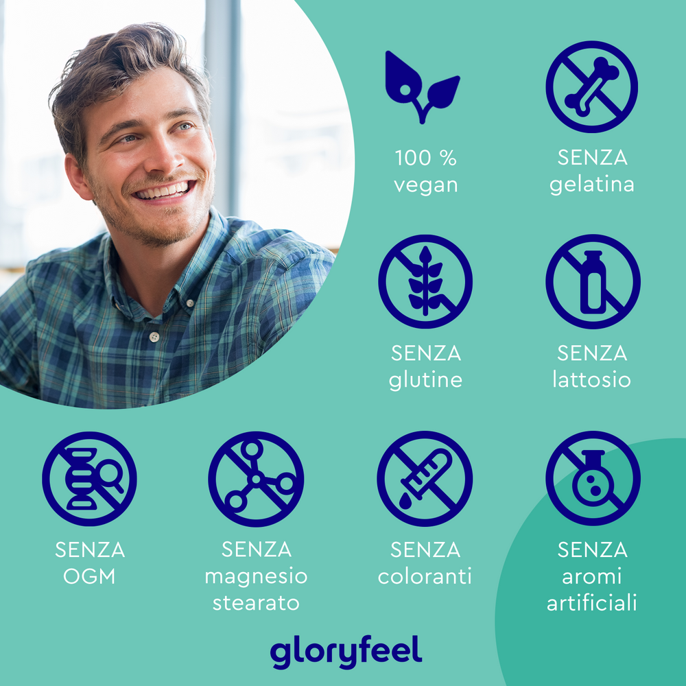 Un uomo sorridente è in piedi accanto alle icone che mostrano le caratteristiche del Selenio Complex in compresse di GloryFeel GmbH Italia: 100% vegano, senza gelatina, glutine, lattosio, OGM, stearato di magnesio, coloranti e aromi artificiali per ulteriori benefici per la salute.