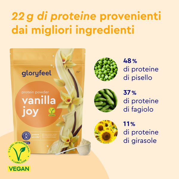 Le Proteine in polvere Vanilla Joy di GloryFeel GmbH Italy contengono una miscela nutrizionale composta per il 48% da proteine di piselli, per il 37% da fagioli e per l&