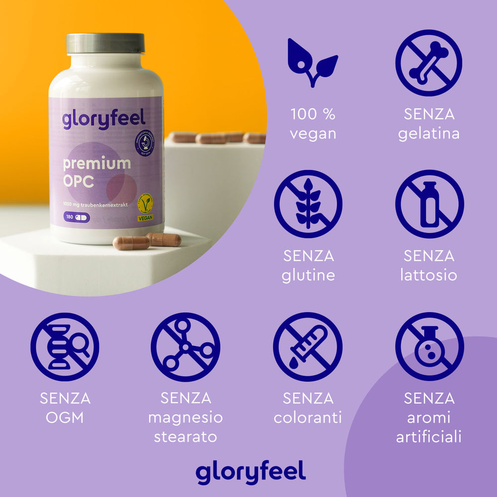 Viene mostrata una bottiglia di &quot;OPC Premium 180 capsule&quot; di GloryFeel GmbH Italy. Le icone evidenziano le sue caratteristiche vegane, senza glutine, senza lattosio, senza OGM e senza aromi artificiali. Ricco di estratto di semi d&