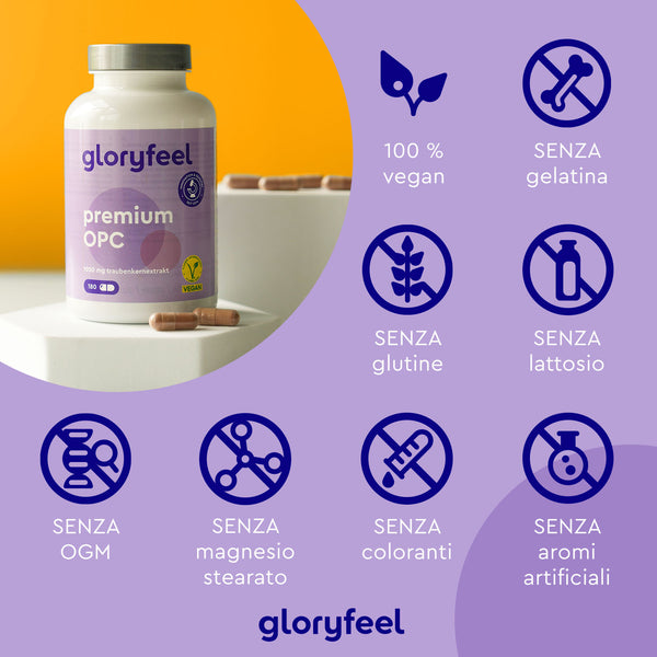 Viene mostrata una bottiglia di &quot;OPC Premium 180 capsule&quot; di GloryFeel GmbH Italy. Le icone evidenziano le sue caratteristiche vegane, senza glutine, senza lattosio, senza OGM e senza aromi artificiali. Ricco di estratto di semi d&
