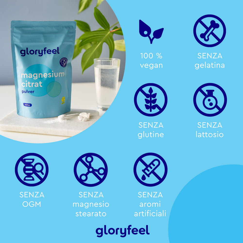 Una confezione di Magnesio citrato in polvere di gloryfeel Italia accanto a un bicchiere d&