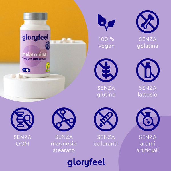Un flacone di Melatonina in compresse di GloryFeel GmbH Italia è raffigurato con icone che indicano che si tratta di un integratore vegano (compresse vegane), privo di gelatina, glutine, lattosio, OGM, stearato di magnesio, coloranti e aromi artificiali.