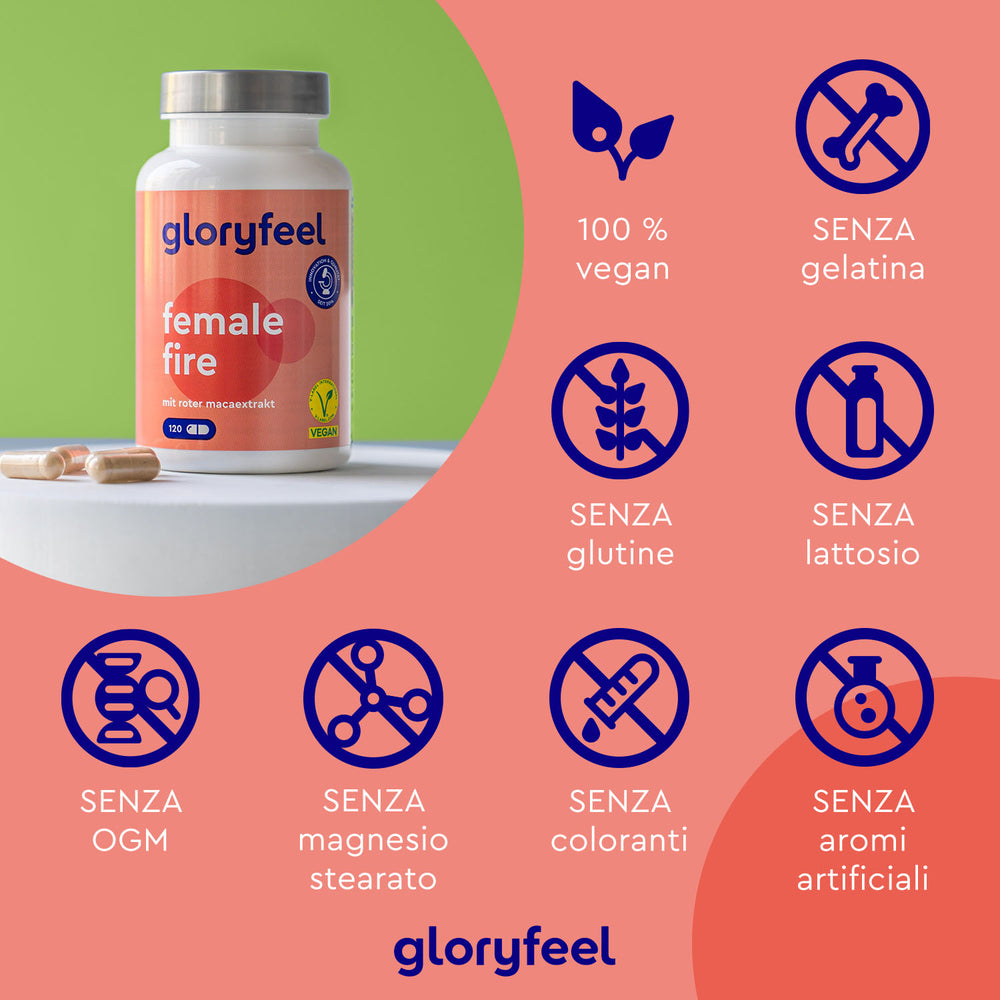 Una bottiglia di &quot;Maca Rossa in capsule Female Fire&quot; di GloryFeel GmbH Italia, con icone vegane, senza gelatina, senza glutine, senza lattosio, senza OGM, senza stearato di magnesio, senza coloranti e senza aromi artificiali.