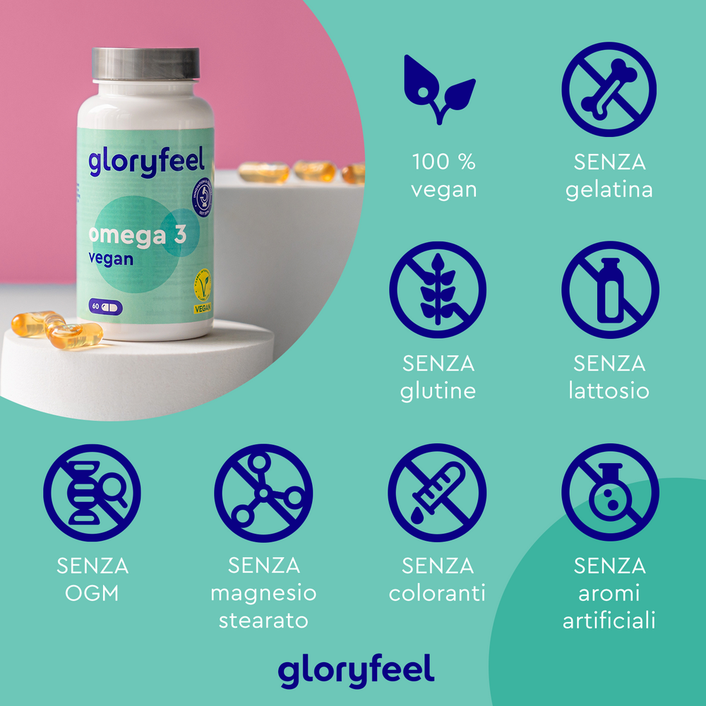 Immagine di una bottiglia di integratore Omega 3 Vegan - Olio di alghe di gloryfeel Italia che evidenzia il suo ricco contenuto di EPA e DHA. È vegano al 100%, senza gelatina, senza glutine, senza lattosio, senza OGM e non contiene stearato di magnesio, coloranti o aromi artificiali.