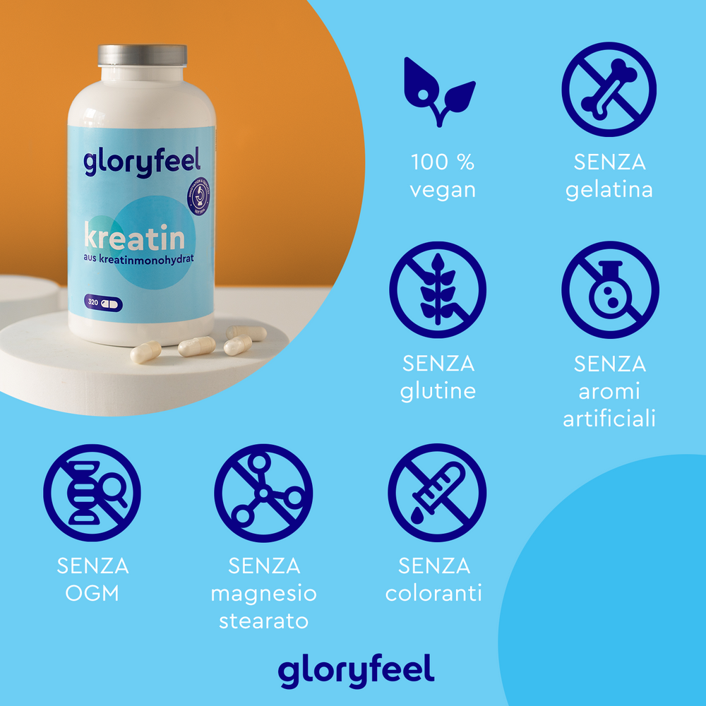 Una bottiglia di Creatina in capsule di GloryFeel GmbH Italy è appoggiata su un tavolo, circondata da capsule. Le icone evidenziano la sua qualità vegana e premium, priva di gelatina, glutine, aromi artificiali, OGM, stearato di magnesio e coloranti. Questo integratore di creatina ti assicura di ottenere solo il meglio.