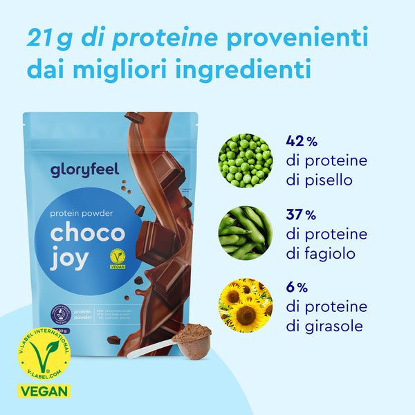 Le Proteine in polvere Choco Joy di GloryFeel GmbH Italia sono proteine in polvere con proteine di piselli, fagioli e girasole, etichettate vegane e contenenti 21 g di proteine.
