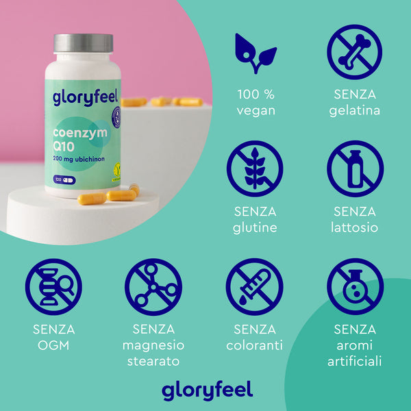 La bottiglia Coenzima Q10 di GloryFeel GmbH Italy è 100% vegana, priva di gelatina, glutine, lattosio, OGM, stearato di magnesio, coloranti e aromi artificiali. Con un dosaggio elevato di coenzima Q10, fornisce naturalmente benefici antiossidanti per il tuo benessere.