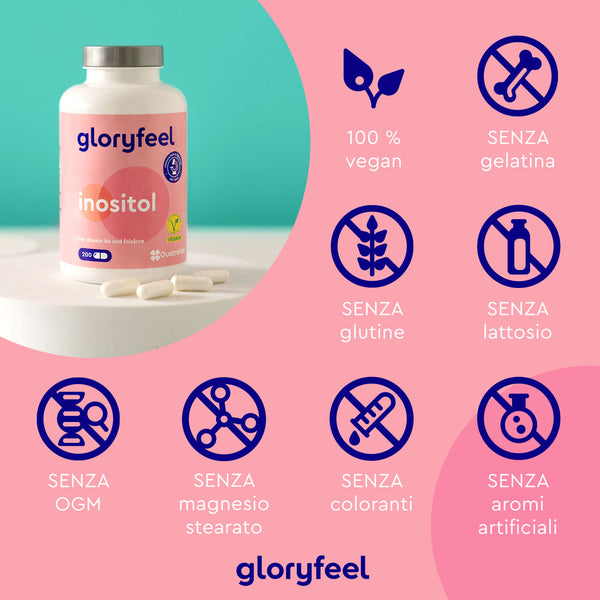 Una bottiglia di capsule di Gloryfeel Italia Inositolo su un tavolo presenta delle icone che indicano che il prodotto è vegano al 100% e privo di gelatina, glutine, lattosio, OGM, stearato di magnesio, coloranti e aromi artificiali.
