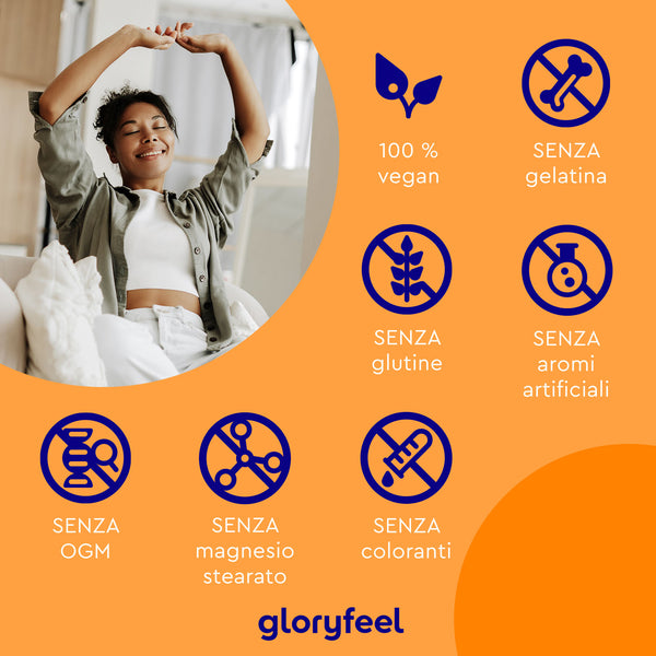 Una donna si stende su un divano contro uno sfondo arancione con icone blu, che evidenziano Bio Ashwagandha di GloryFeel GmbH Italia. È vegano al 100%, privo di gelatina, glutine, aromi artificiali, OGM, stearato di magnesio e coloranti. Abbraccia gli integratori adattogeni con questa potente miscela.