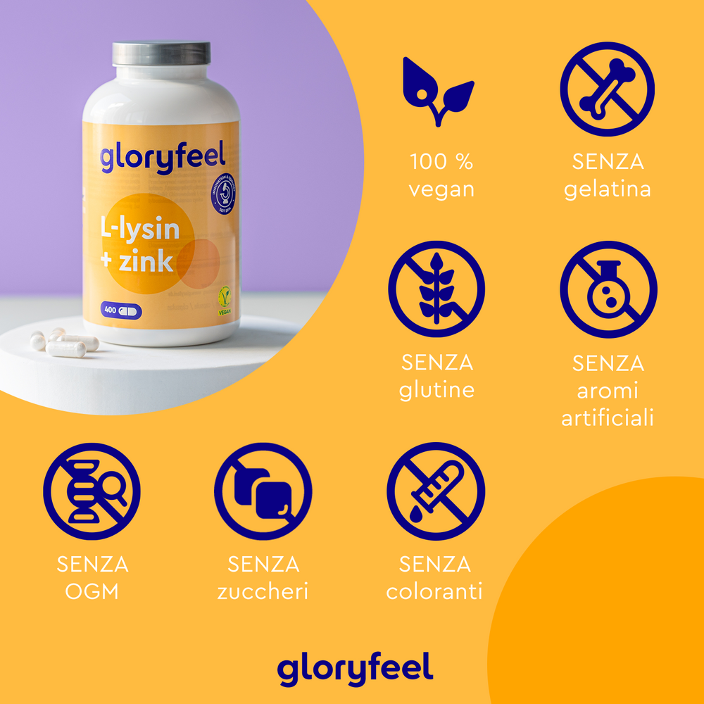 Una bottiglia di L-Lisina + zinco di GloryFeel GmbH Italy è appoggiata su un tavolo rotondo, con icone che indicano che è 100% vegana e priva di gelatina, glutine, aromi artificiali, OGM, zuccheri e coloranti: perfetta per supportare in modo naturale il tuo sistema immunitario.