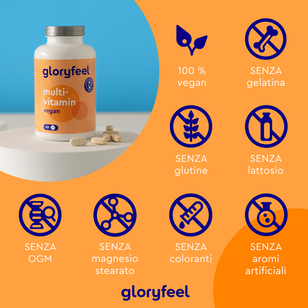 Una bottiglia di Multivitaminico in capsule di GloryFeel GmbH Italy è appoggiata su un tavolo, con icone che ne confermano lo stato vegano e l&