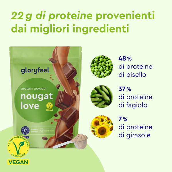 Sacchetto verde di &quot;gloryfeel Italia&quot; Proteine in Polvere Nougat Love, contiene proteine di piselli, fagioli e girasole. Etichetta vegana inclusa.