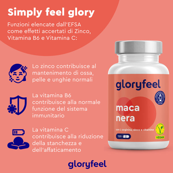 Scopri Maca Nera Peruviana di GloryFeel GmbH Italy, un integratore con testo e icone in italiano che evidenziano i benefici di zinco, vitamina B6 e vitamina C per la salute e l&