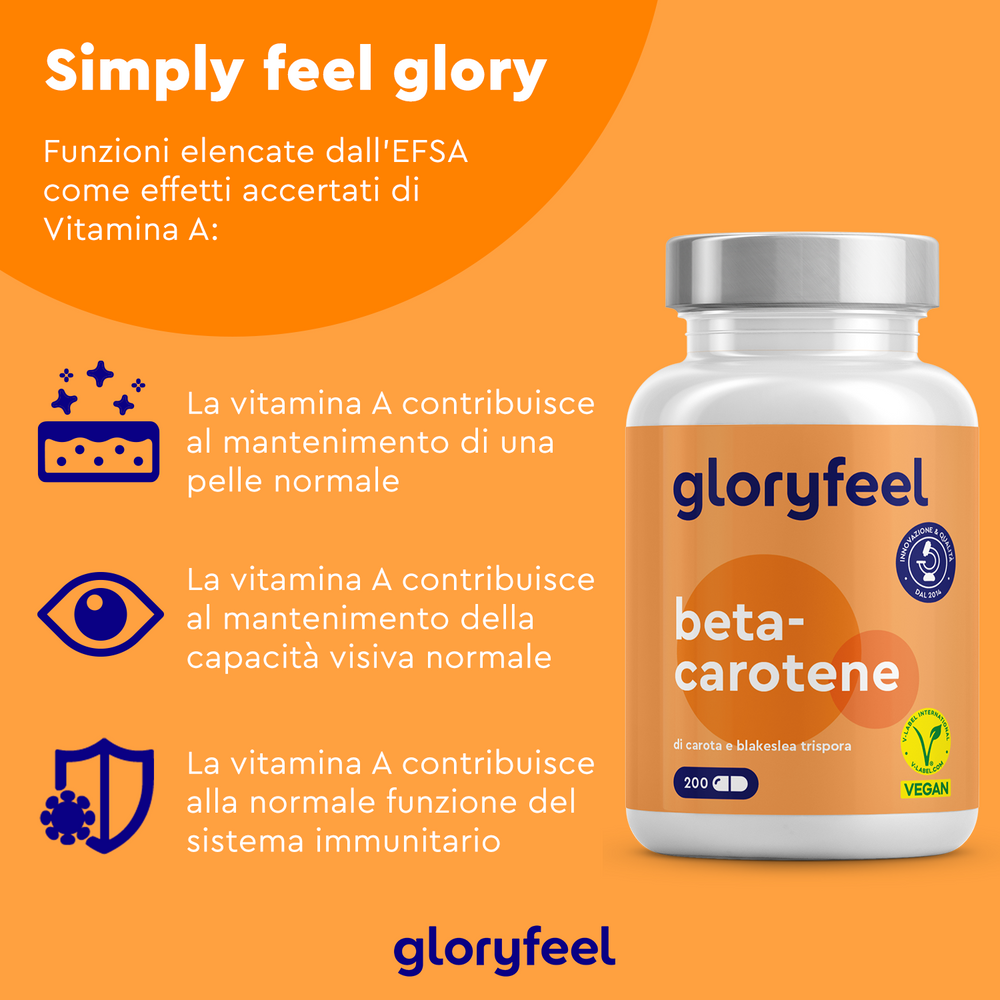 Viene esposta una bottiglia arancione di integratori di beta-carotene di GloryFeel GmbH Italy, che sottolinea i benefici per la pelle, la vista e la salute immunitaria in italiano. Le icone raffigurano ogni beneficio, ma la descrizione appare incompleta o poco chiara. Potresti fornire più contesto per chiarezza?.