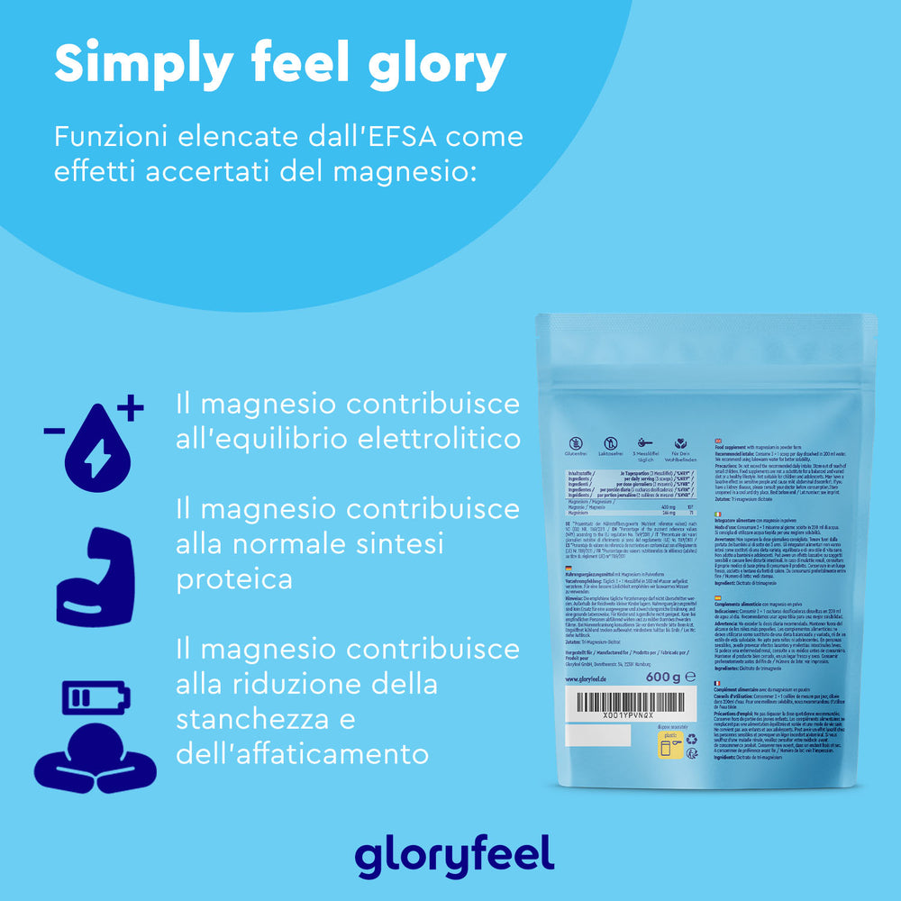 La confezione del &quot;Magnesio citrato in polvere&quot; di gloryfeel Italia presenta una scritta in italiano che evidenzia i benefici quali l&